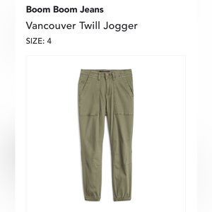 One 5 One twill jogger in army green. Size 4/27.